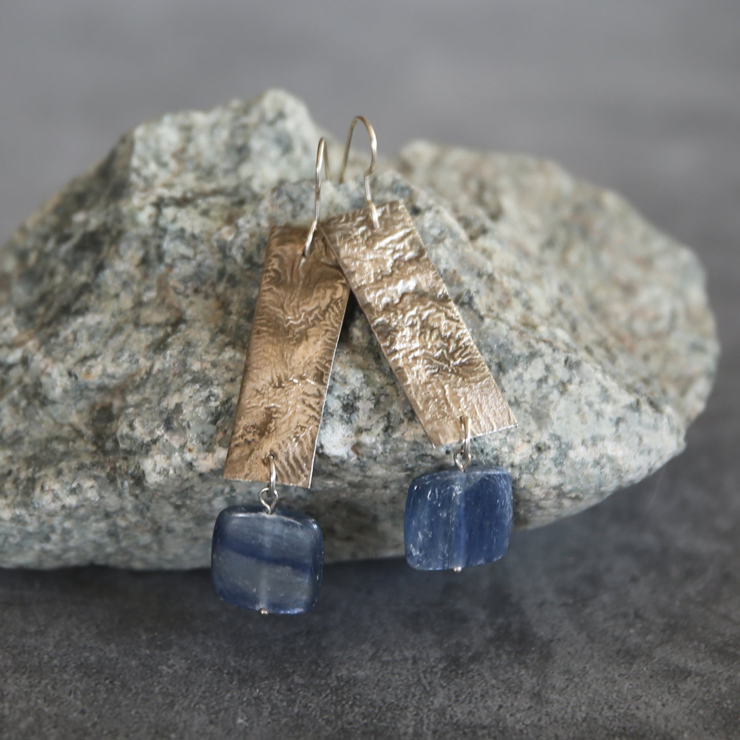 Blue Kyanite and Reticulated Sterling Long Drop Earrings