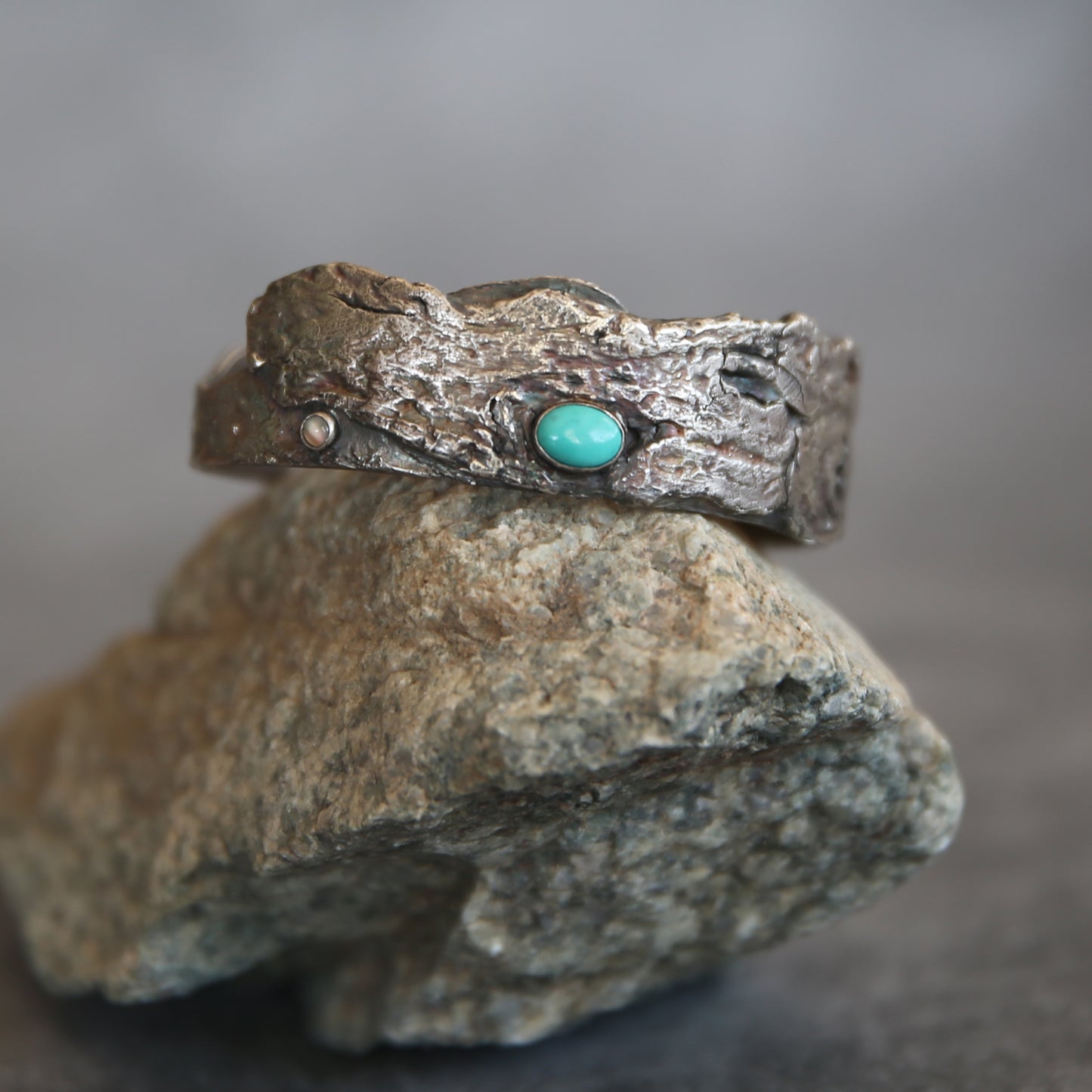 Turquoise and Moonstone Sterling and Fine Silver Bracelet