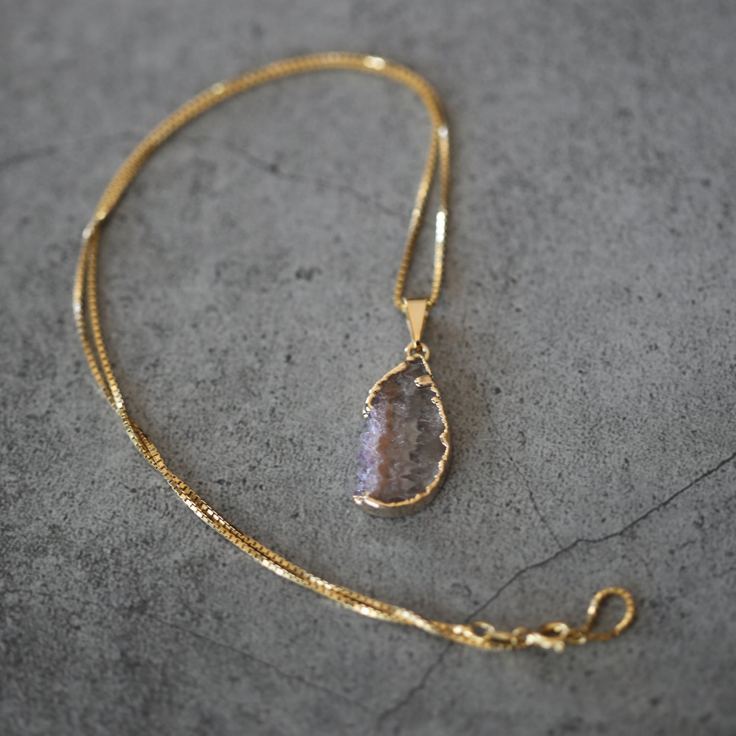 Amethyst and Gold Slab Crystal Necklace .925 Gold Plated Chain