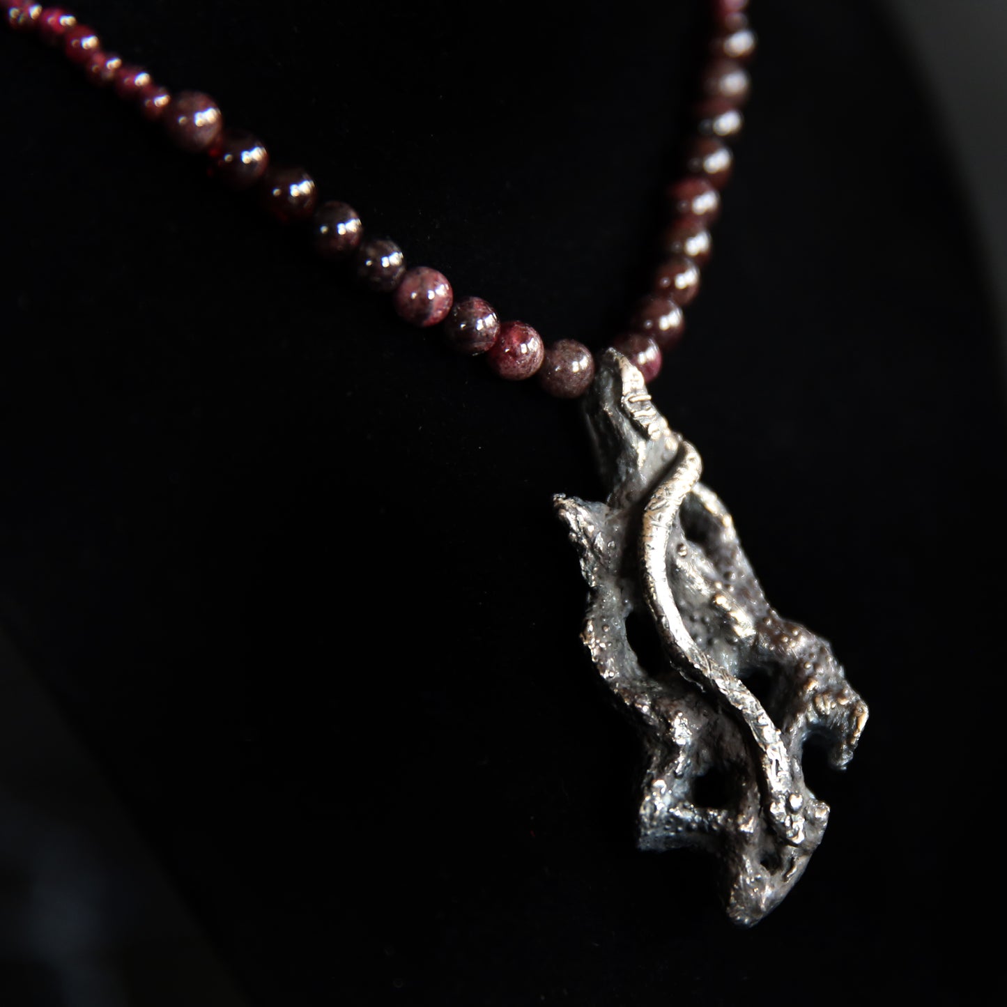 Scorched Serpent Fine Silver Cholla Skeleton and Snake with Garnets Necklace