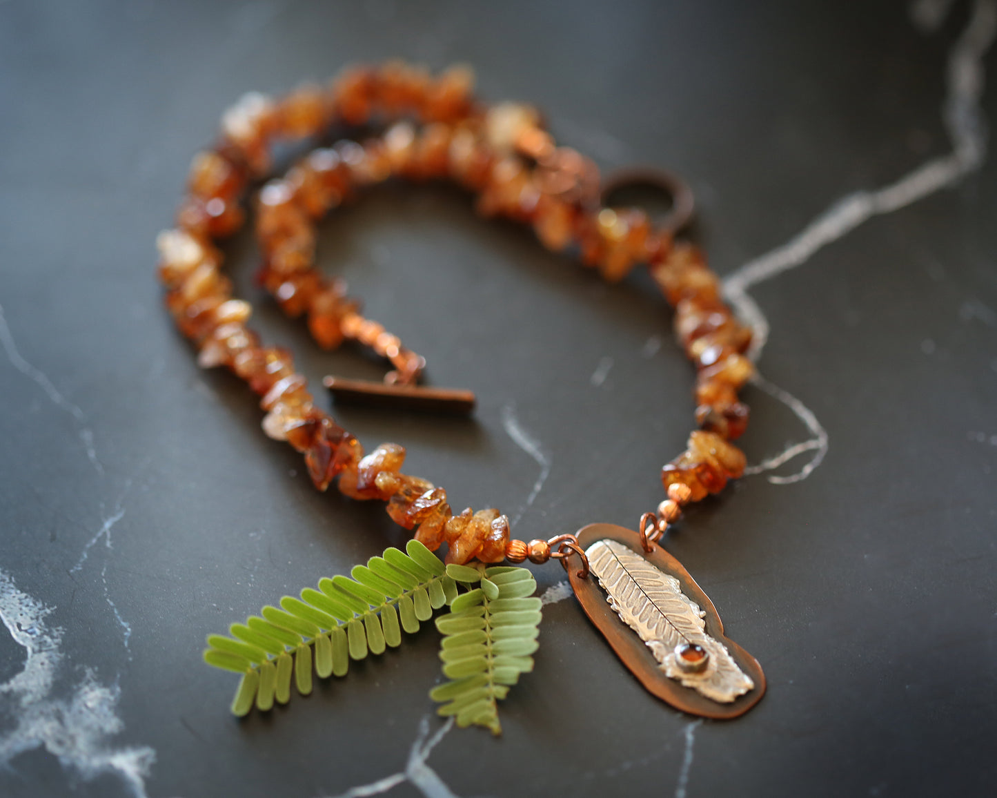 Golden Horizon Amber and Fine Silver Mesquite Leaf Necklace