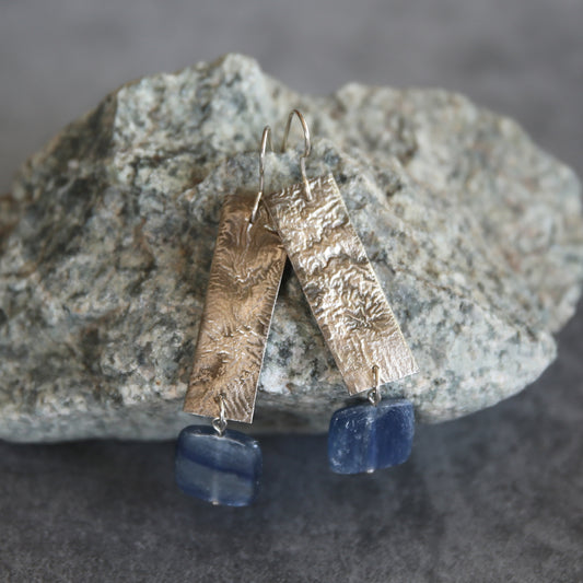 Blue Kyanite and Reticulated Sterling Long Drop Earrings