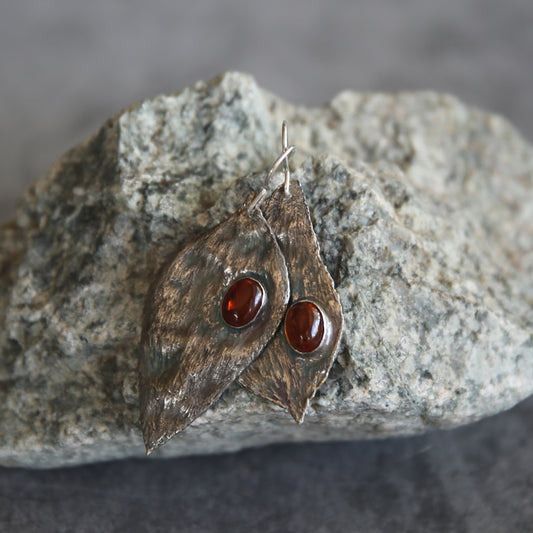 Eucalyptus Leaf and Amber Fine Silver Handmade Earrings