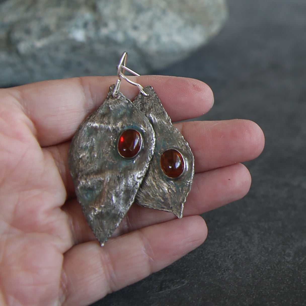 Eucalyptus Leaf and Amber Fine Silver Handmade Earrings