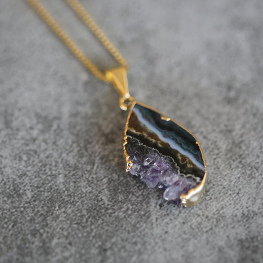 Amethyst Slab Pendant Necklace Gold Plate