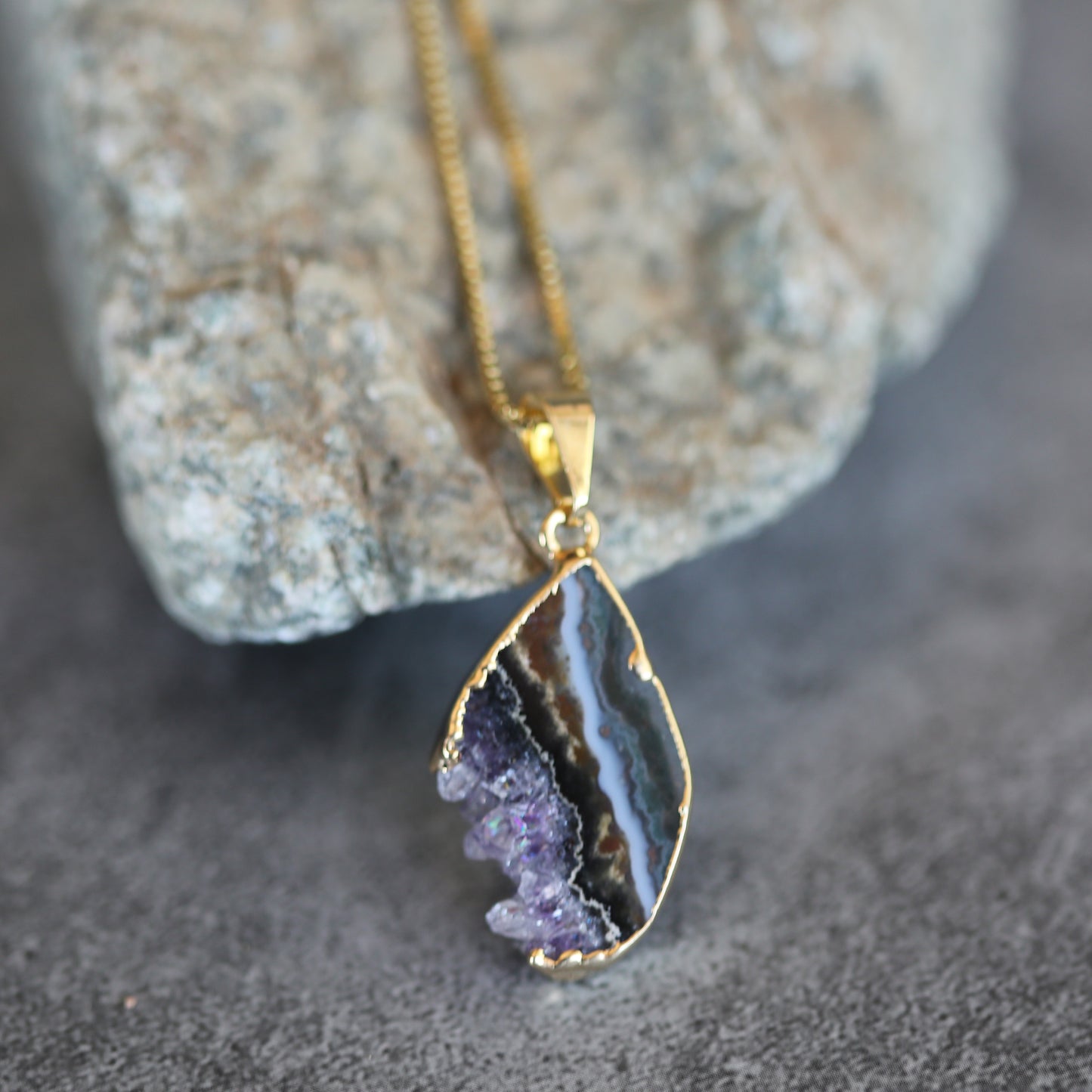 Amethyst Slab Crystal Necklace .925 Gold Plated