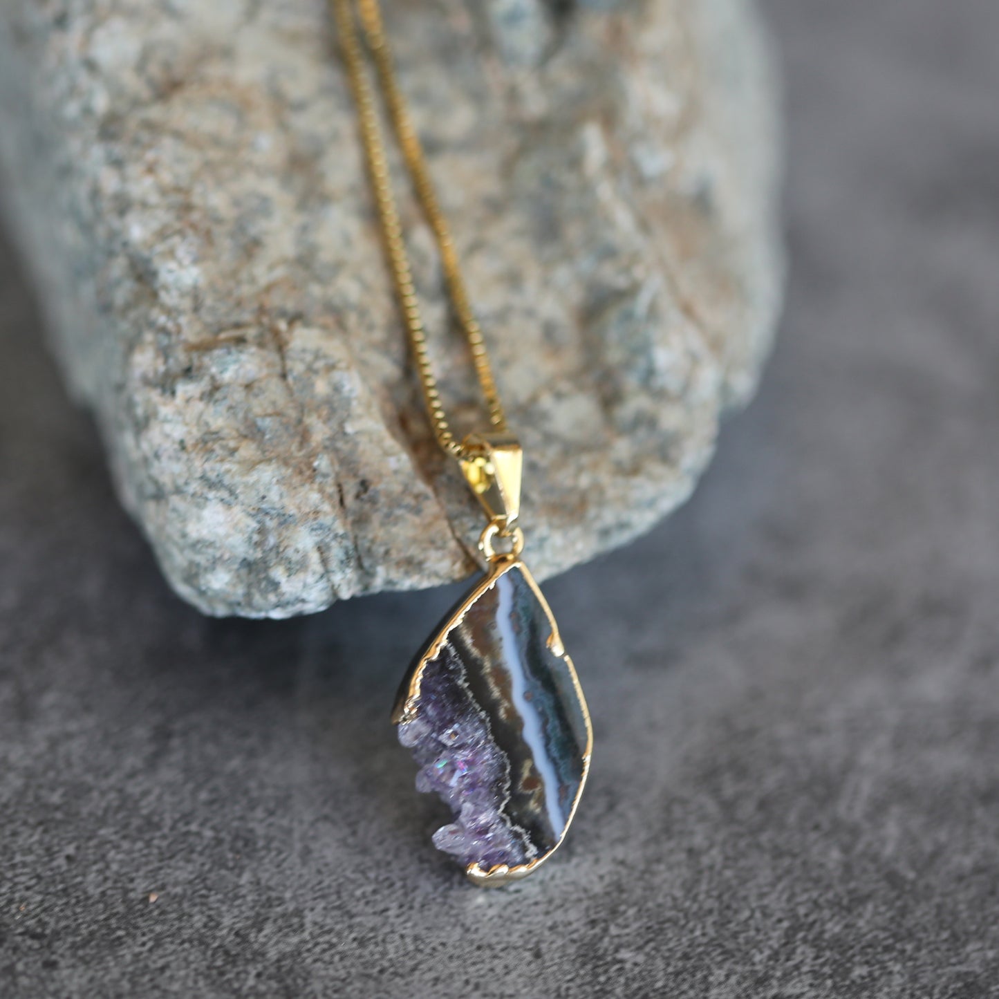 Amethyst Slab Crystal Necklace .925 Gold Plated