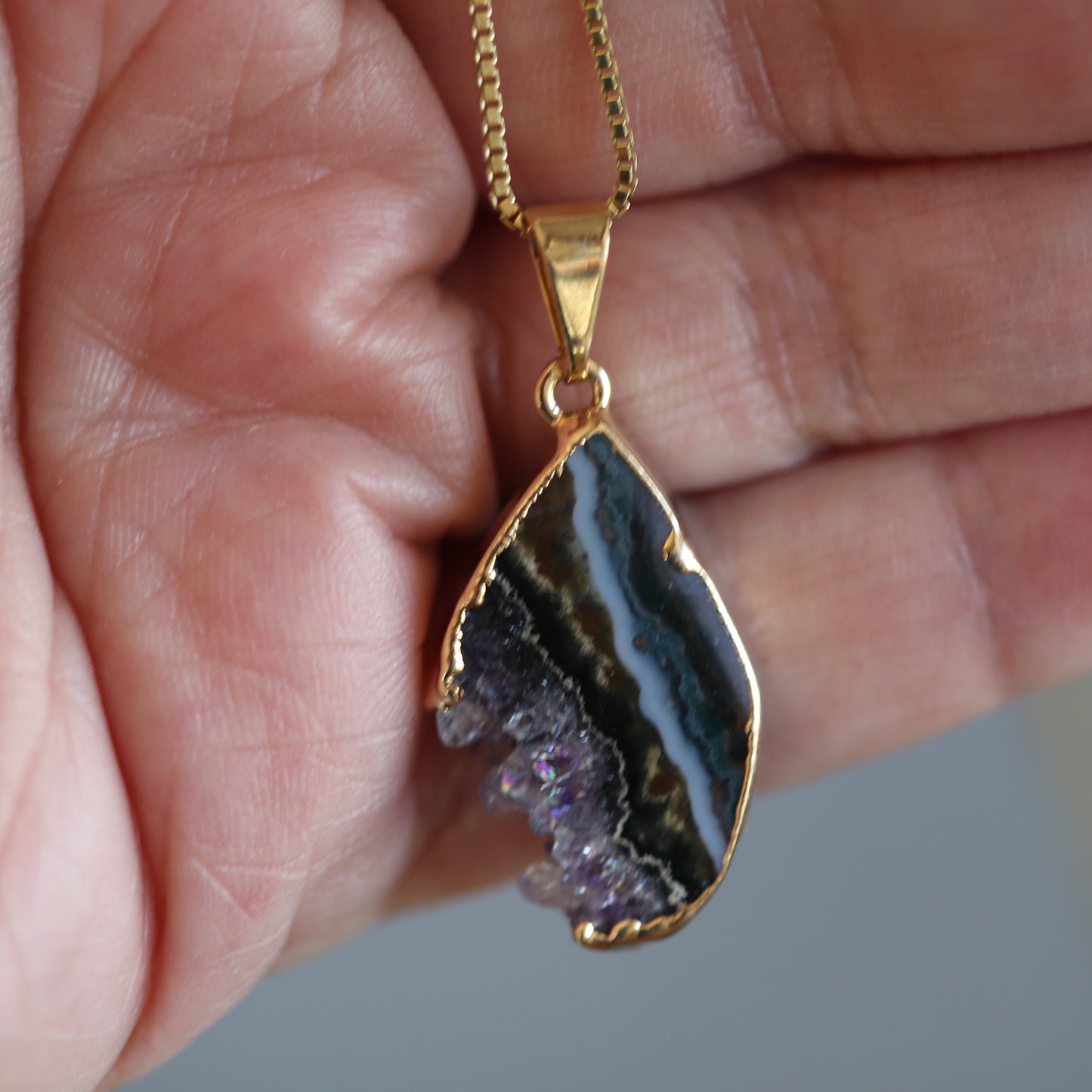 Amethyst Slab Pendant Necklace Gold Plate
