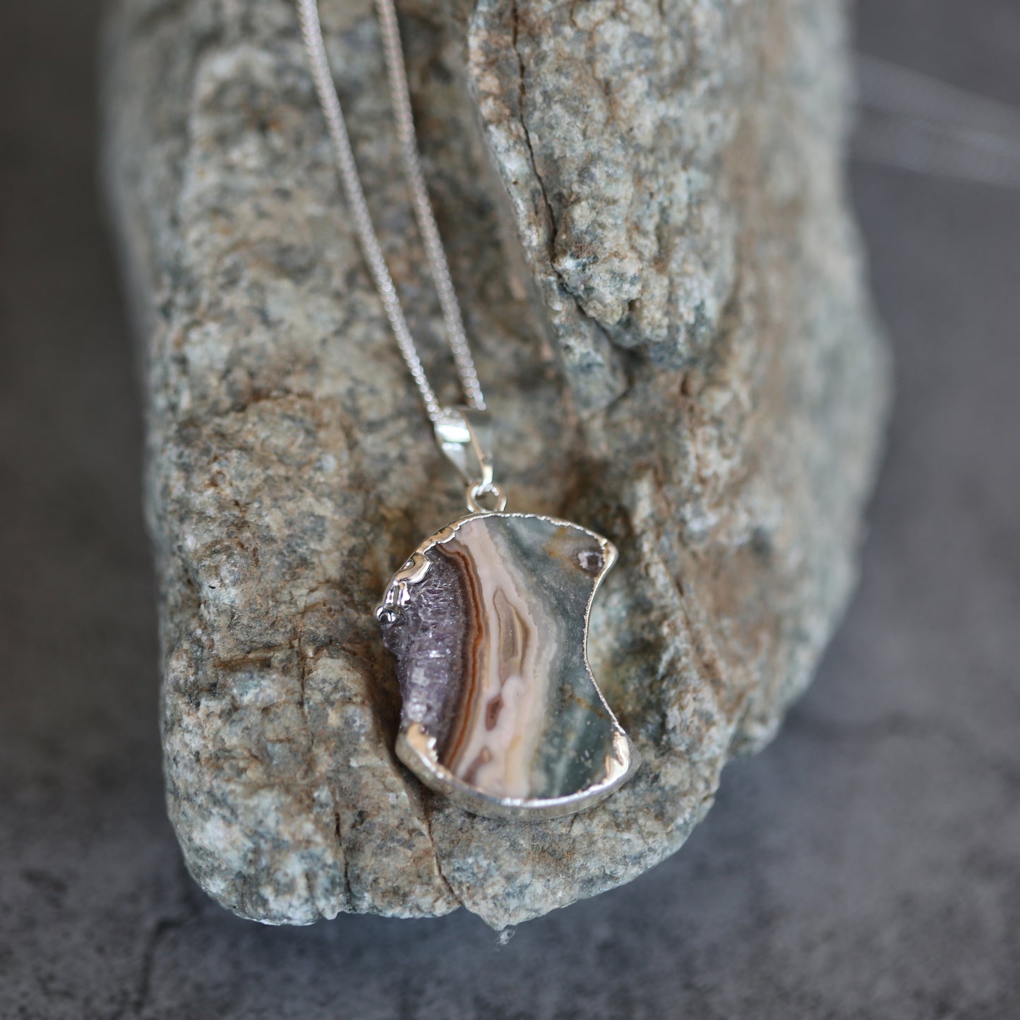 Amethyst Slab Necklace Crystal Stone .925 Chain