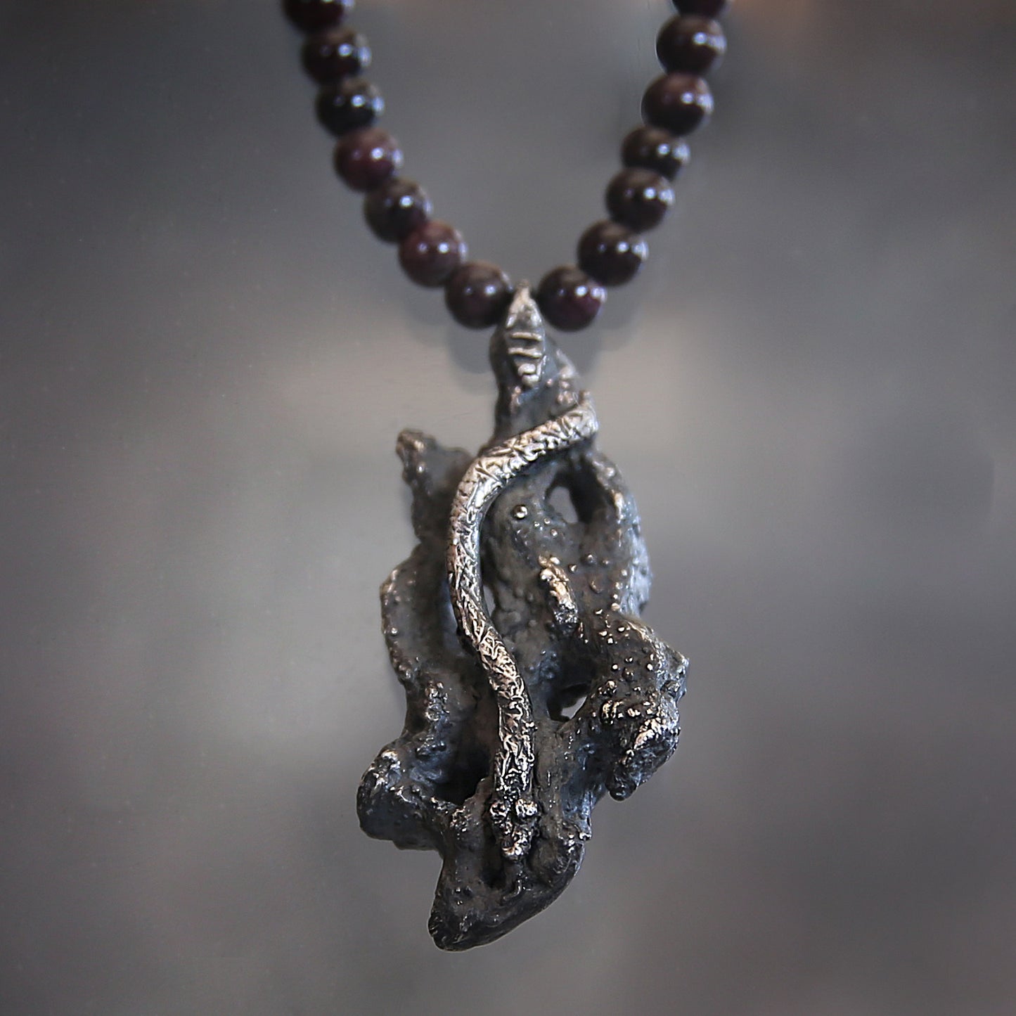 Scorched Serpent Fine Silver Cholla Skeleton and Snake with Garnets Necklace