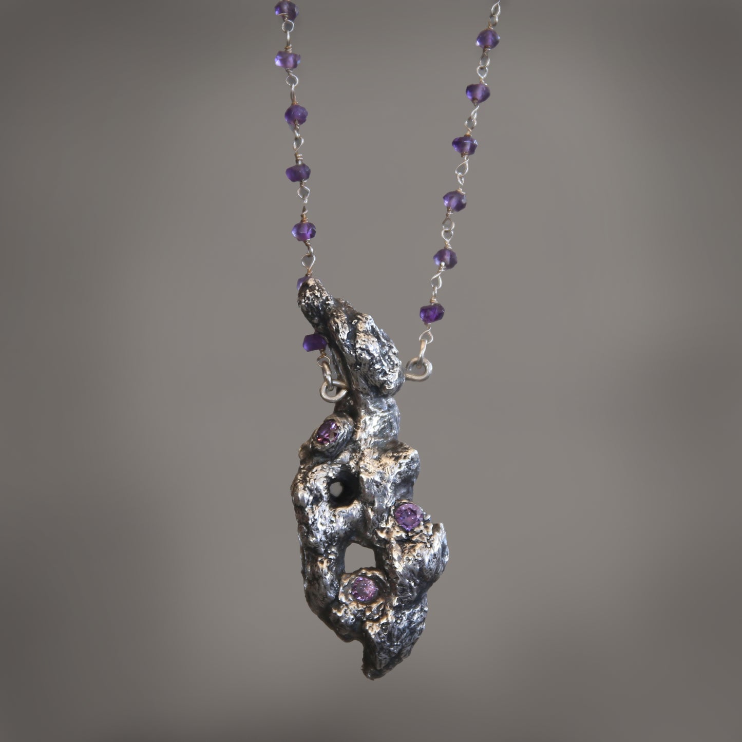 Violet Desert Cholla Skeleton and Amethyst Necklace