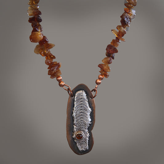 Golden Horizon Amber and Fine Silver Mesquite Leaf Necklace