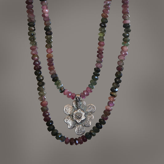 Girly Girl Fine Silver Flower and Tourmaline Necklace