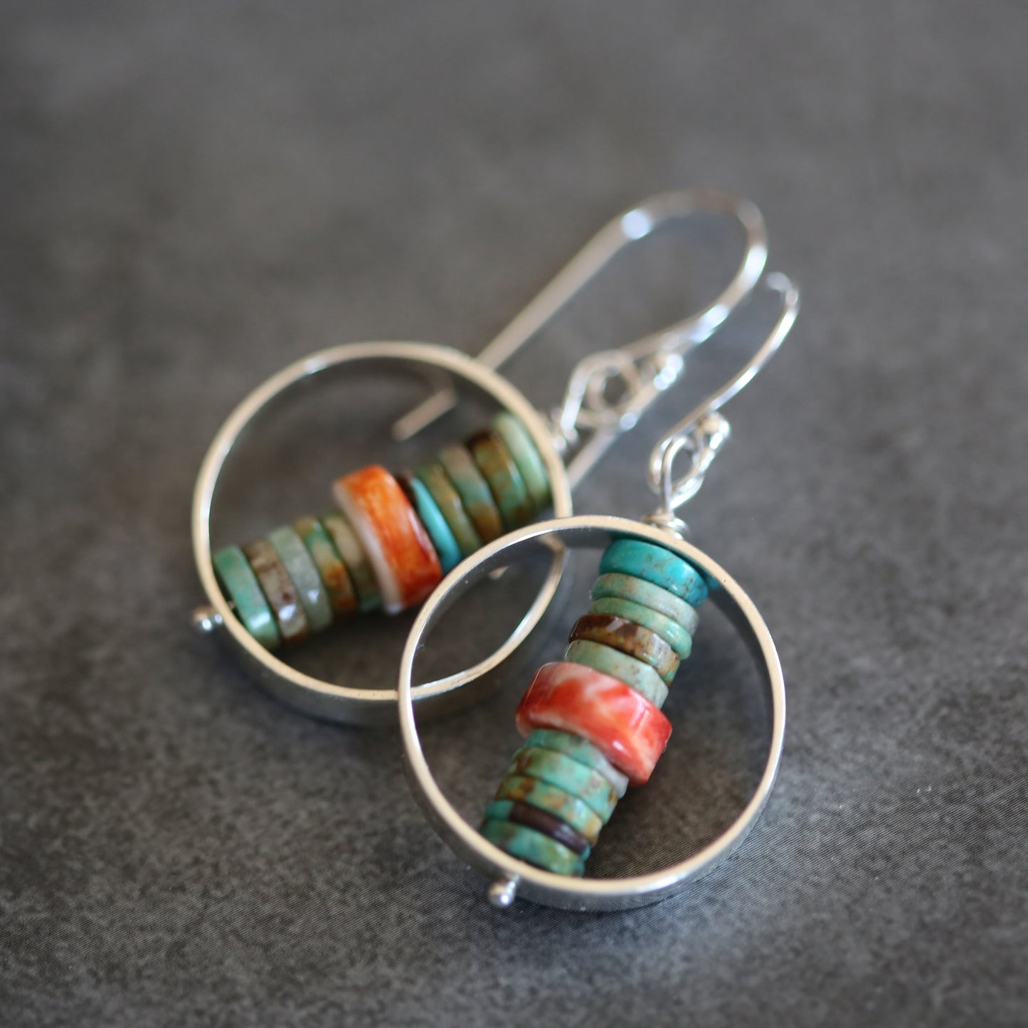 Turquoise and Spiny Oyster Beaded Sterling Earrings