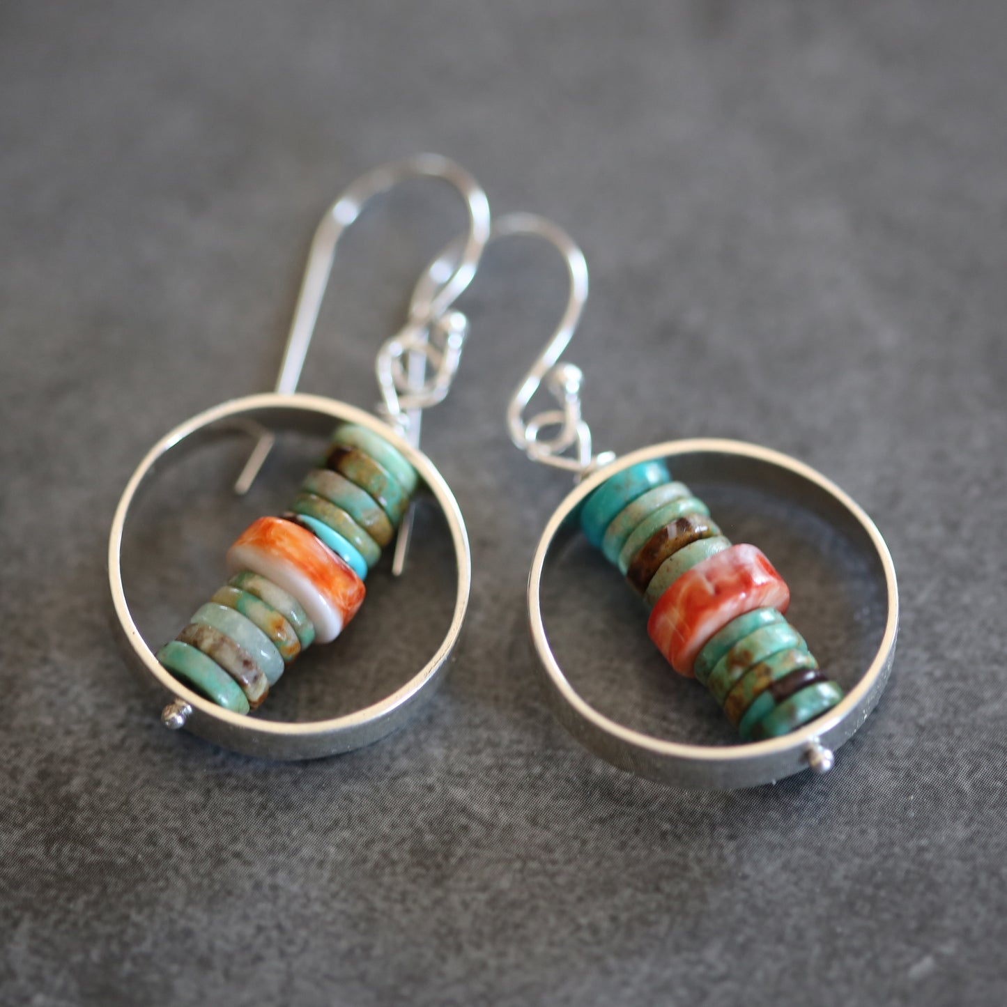 Turquoise and Spiny Oyster Beaded Sterling Earrings