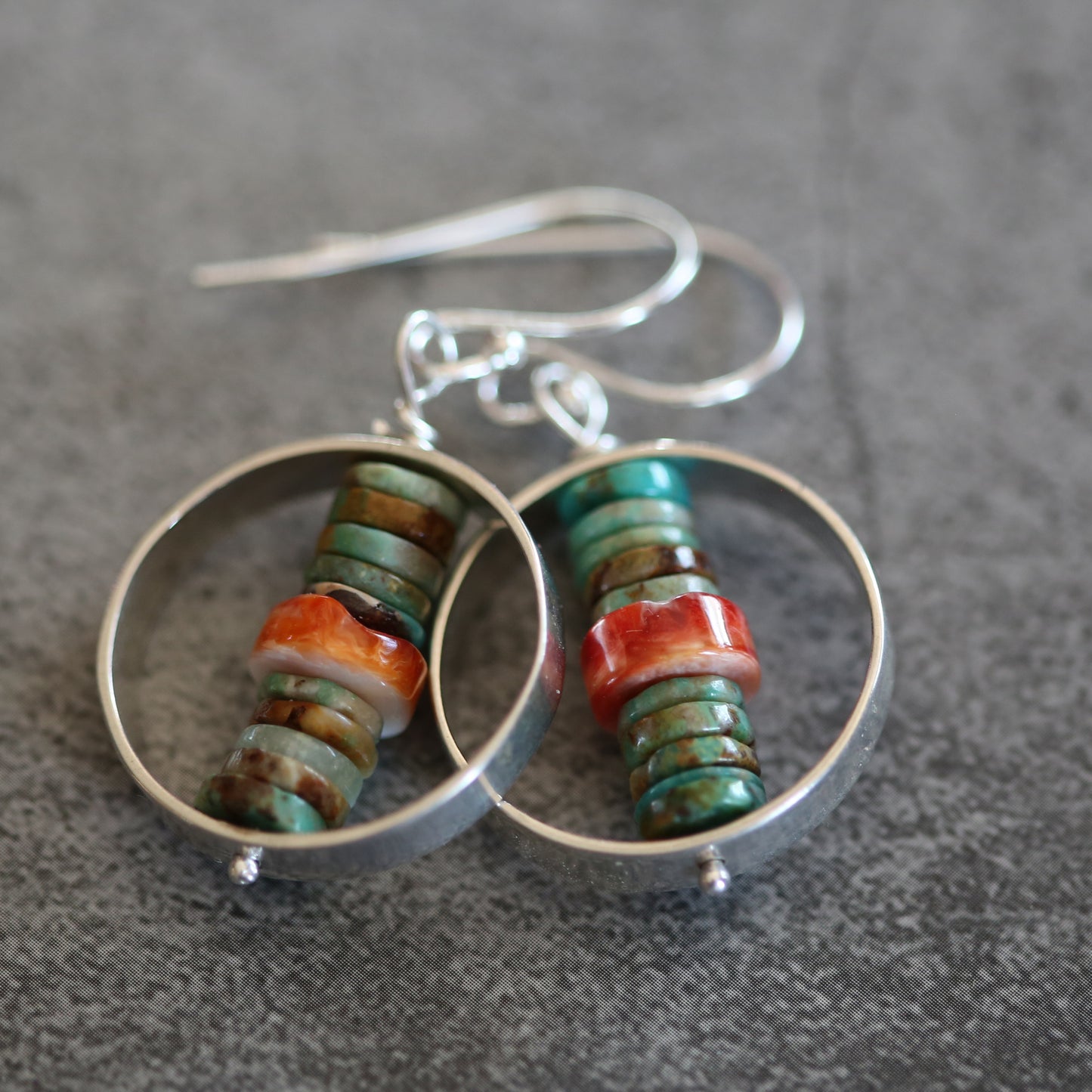 Turquoise and Spiny Oyster Beaded Sterling Earrings