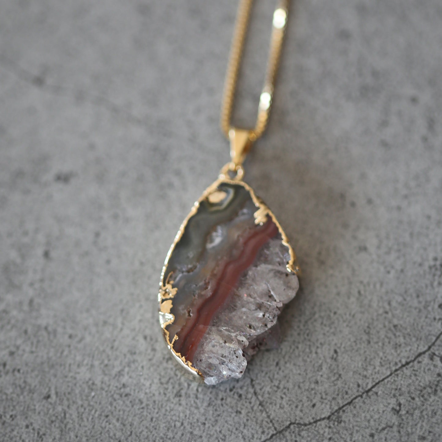 Amethyst Slab Crystal Pendant with .925 Gold Plated Chain