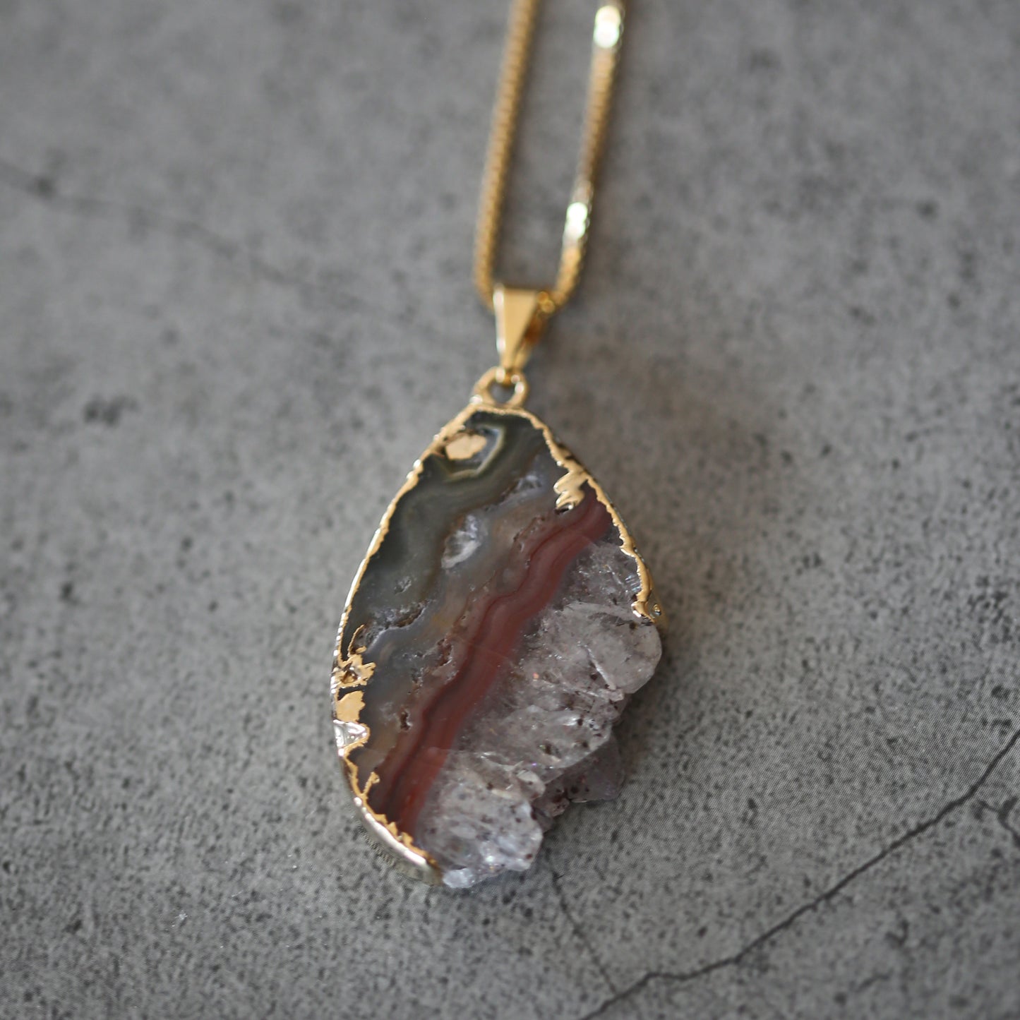 Amethyst Slab Crystal Pendant with .925 Gold Plated Chain