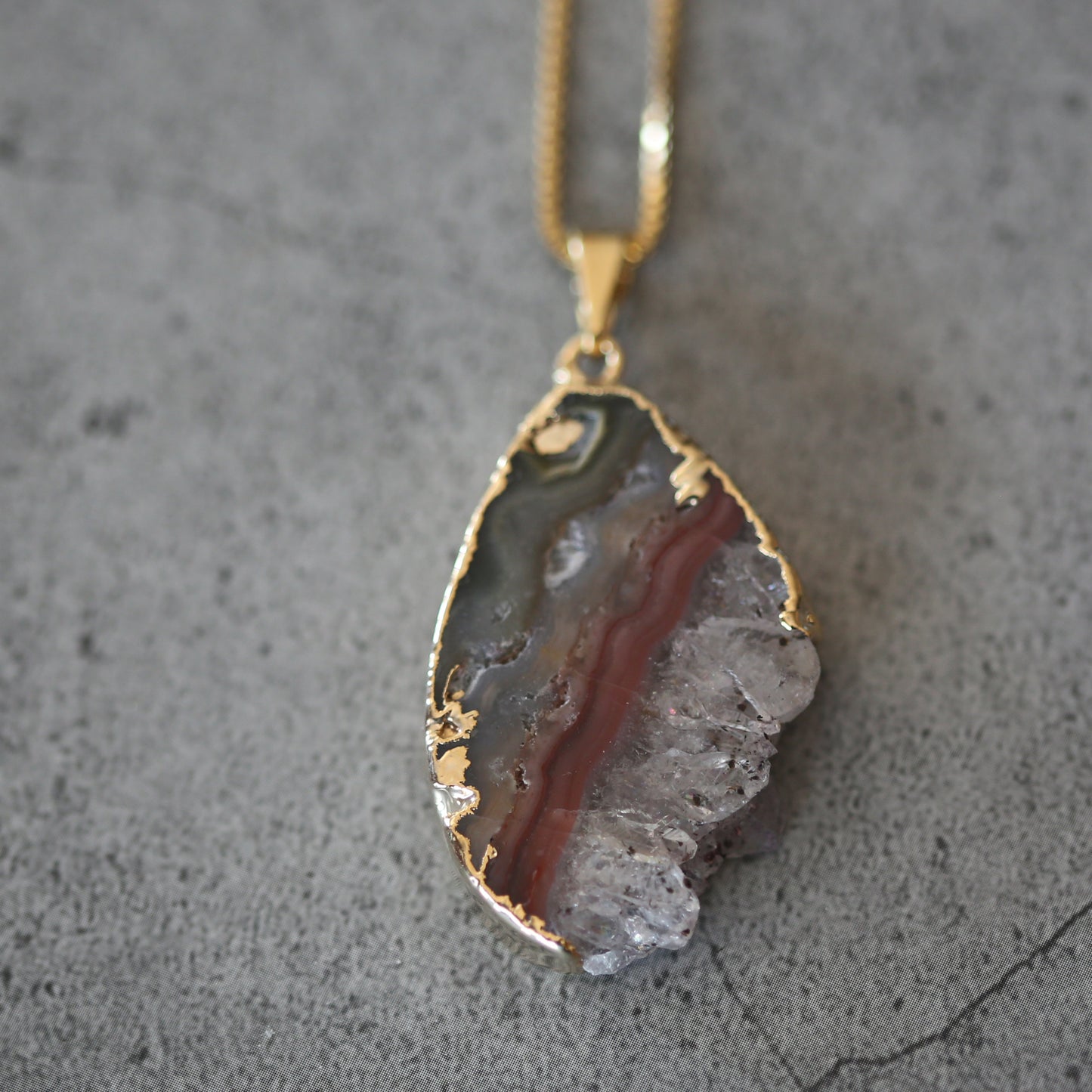 Amethyst Slab Crystal Pendant with .925 Gold Plated Chain