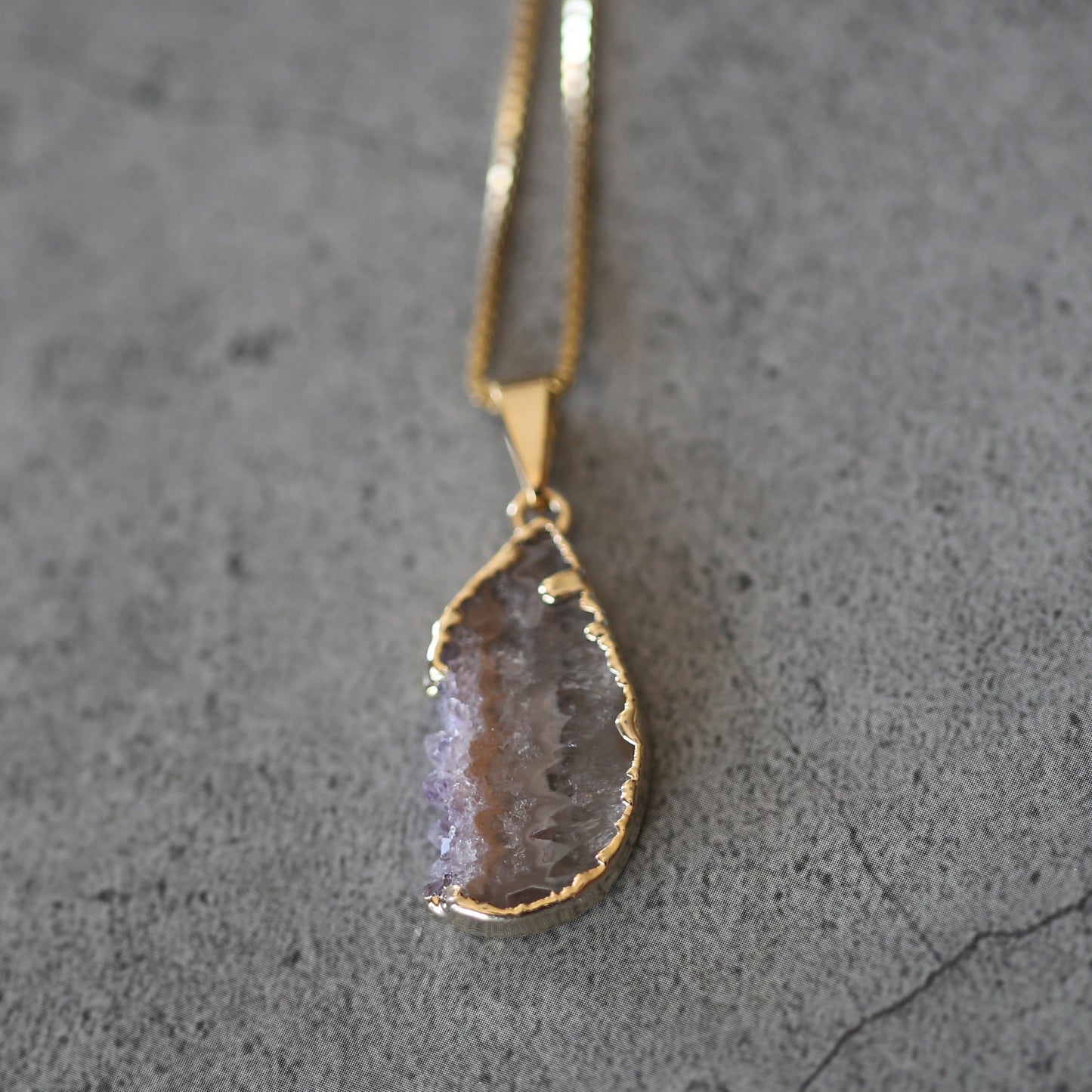 Amethyst and Gold Slab Crystal Necklace .925 Gold Plated Chain
