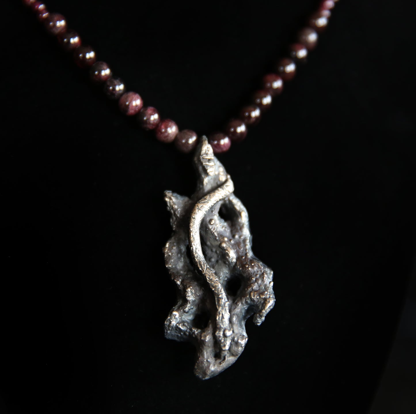 Scorched Serpent Fine Silver Cholla Skeleton and Snake with Garnets Necklace