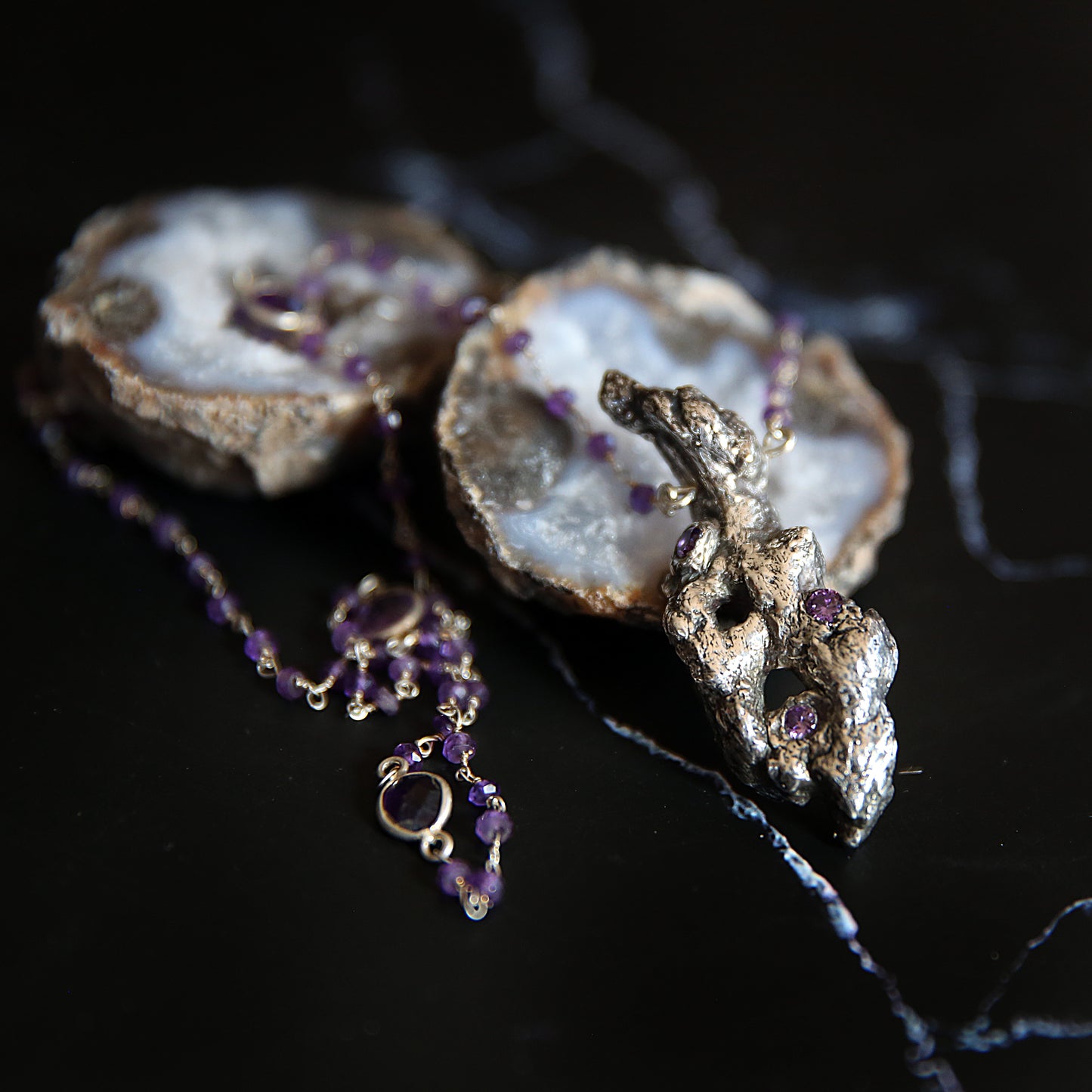 Violet Desert Cholla Skeleton and Amethyst Necklace