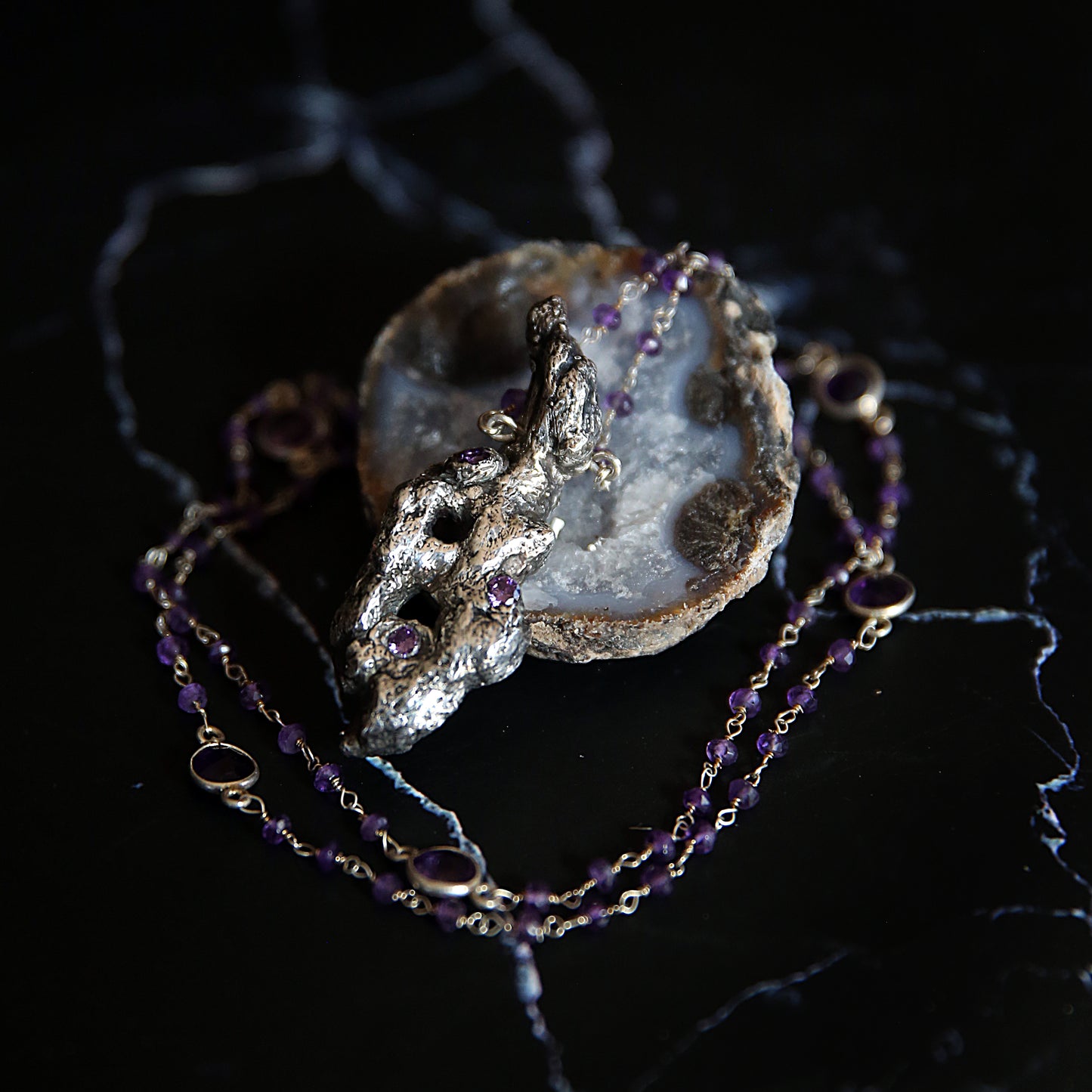 Violet Desert Cholla Skeleton and Amethyst Necklace