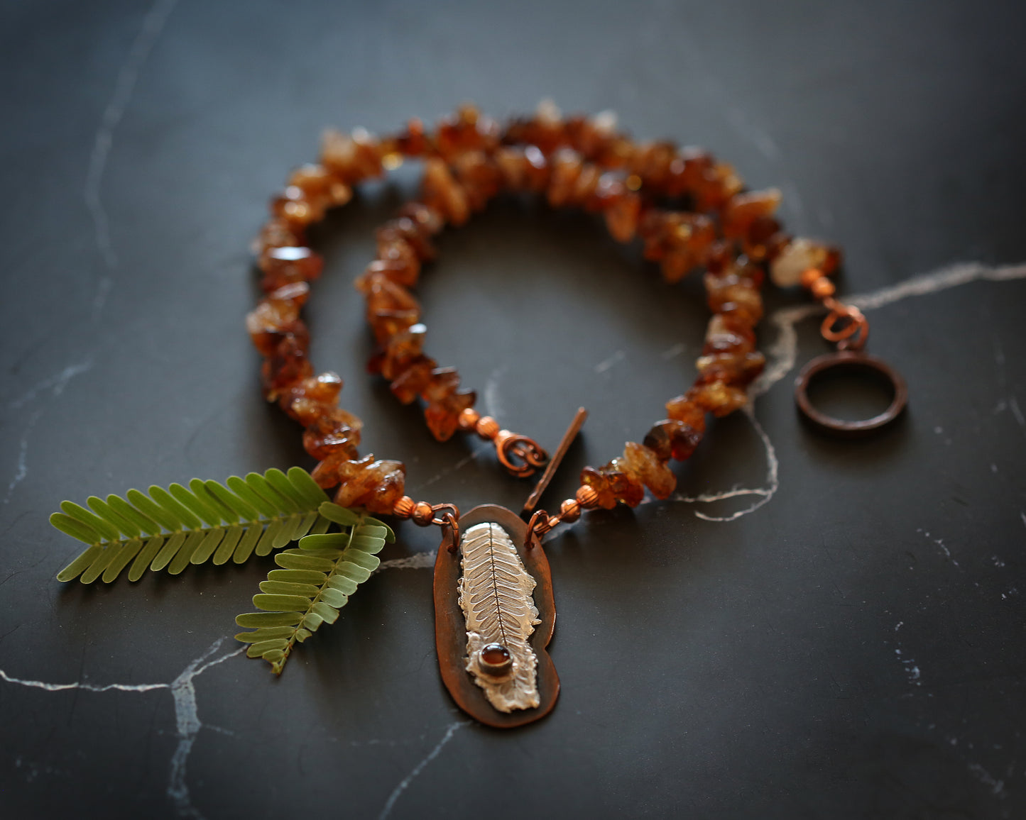 Golden Horizon Amber and Fine Silver Mesquite Leaf Necklace