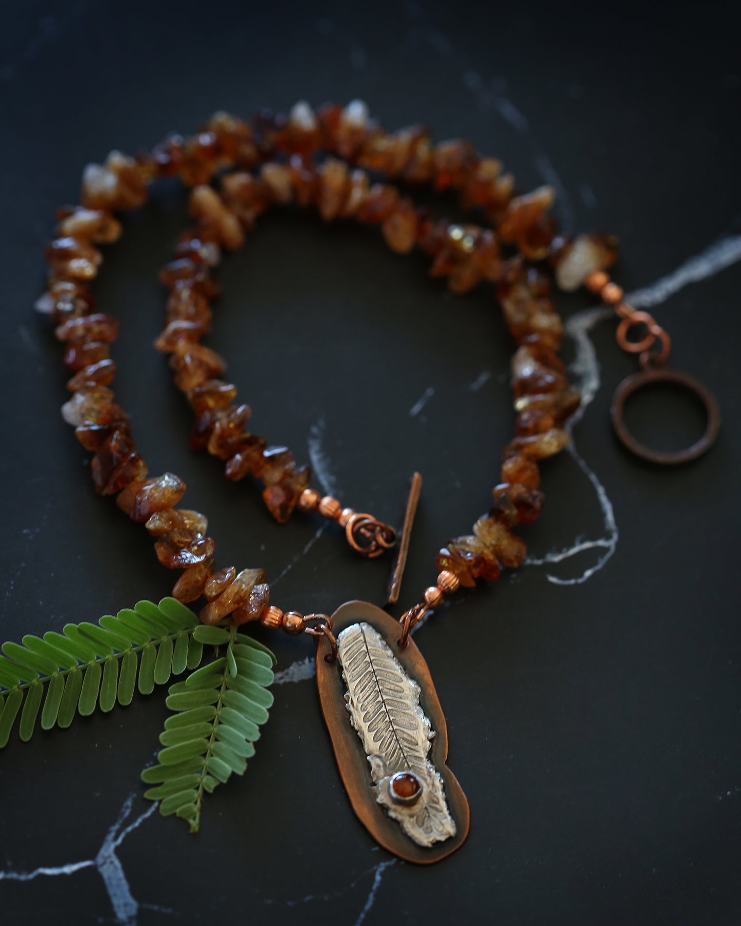 Golden Horizon Amber and Fine Silver Mesquite Leaf Necklace