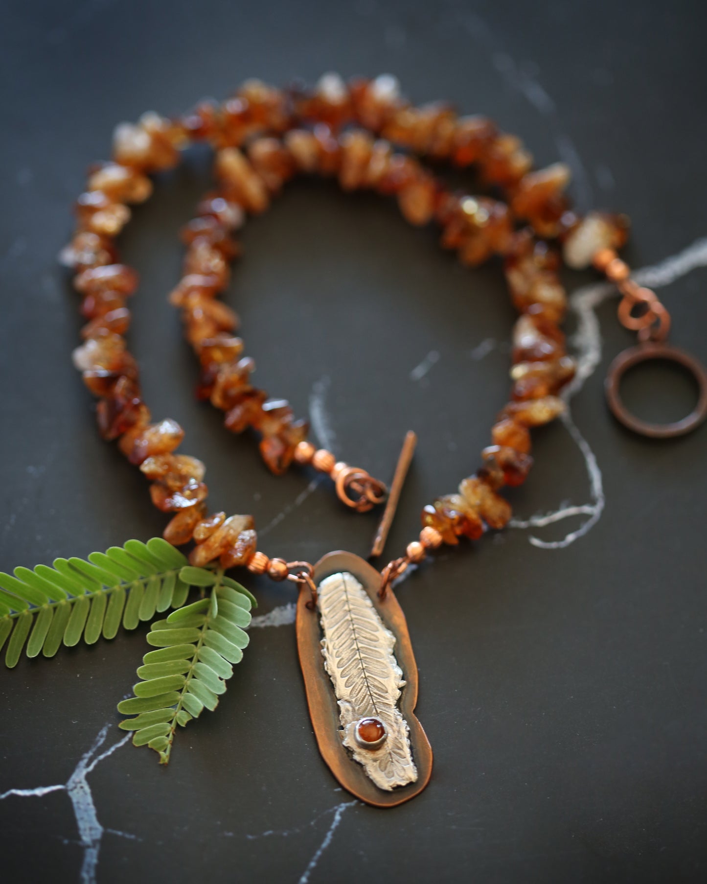 Golden Horizon Amber and Fine Silver Mesquite Leaf Necklace