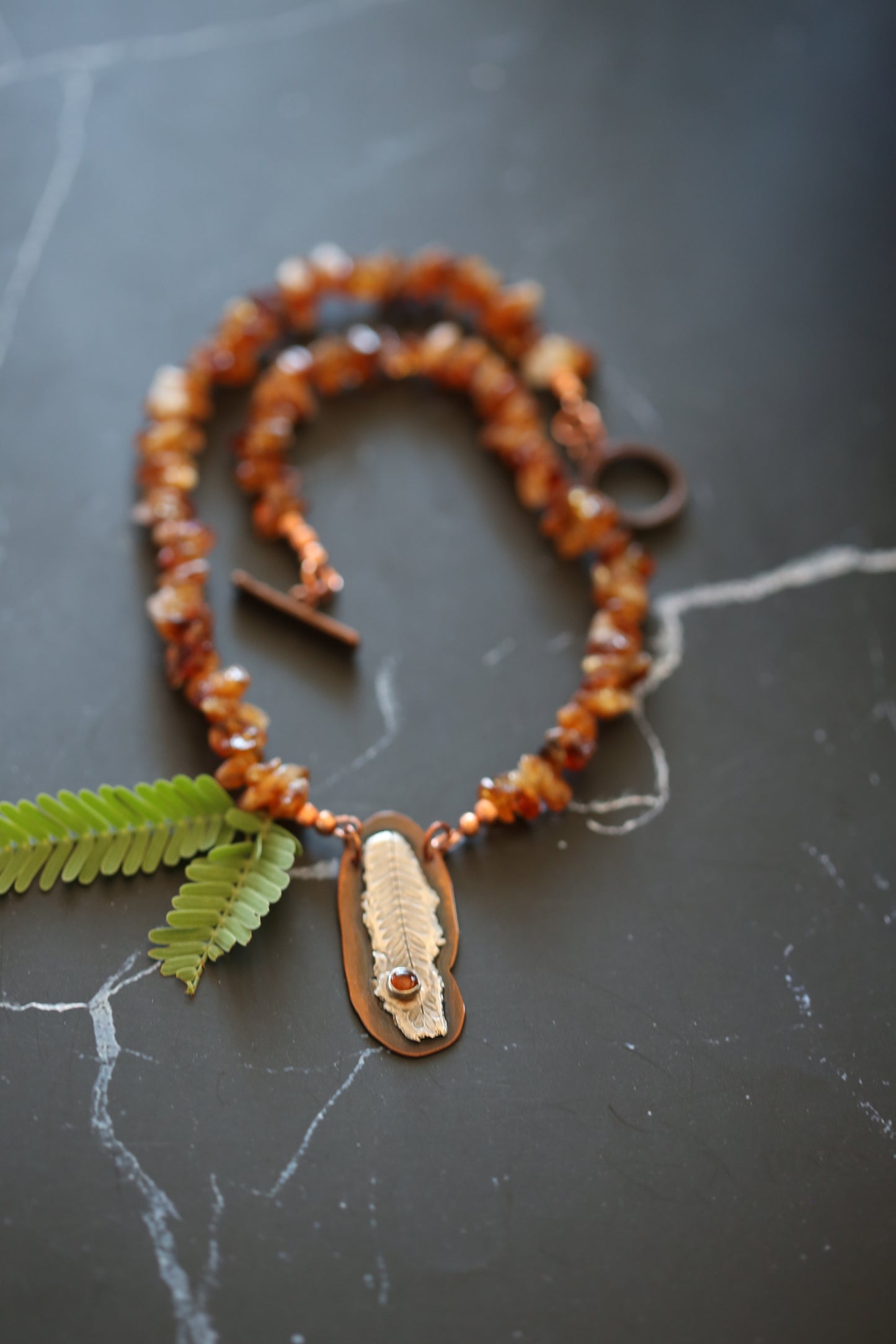 Golden Horizon Amber and Fine Silver Mesquite Leaf Necklace