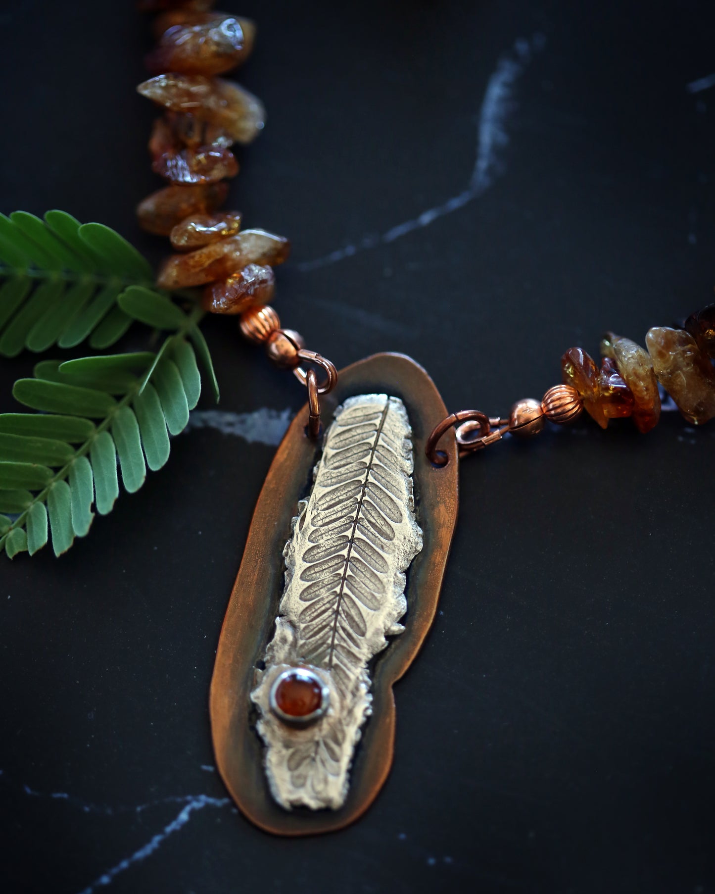 Golden Horizon Amber and Fine Silver Mesquite Leaf Necklace